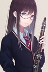  black_hair blue_eyes cardigan clarinet glasses highres instrument long_hair looking_at_viewer necktie original print_neckwear saitou_(lynx-shrike) school_uniform semi-rimless_eyewear smile solo star star_print striped striped_neckwear under-rim_eyewear 