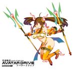  ahoge blush breasts bridal_gauntlets brown_eyes brown_hair cleavage dual_wielding earrings full_body holding horns jewelry kousoku_kidou_avatar_drive large_breasts long_hair looking_at_viewer navel official_art original polearm ryoji_(nomura_ryouji) solo thighhighs twintails underboob weapon 