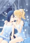  ayase_eli bare_shoulders blonde_hair blue blue_background blue_flower blue_hair blue_rose closed_eyes collarbone curtains flower highres holding long_hair love_live! love_live!_school_idol_project mimori_(cotton_heart) moon multiple_girls open_mouth parted_lips petals ponytail rose shorts sonoda_umi strap_slip yuri 