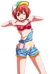  adjusting_clothes baseball_cap bikini_top blush cowboy_shot denim denim_shorts frilled_shorts frills hair_ornament hairclip hat hoshizora_rin kikuchi_tsutomu looking_at_viewer love_live! love_live!_school_idol_project natsuiro_egao_de_1_2_jump! navel one_eye_closed open_clothes open_mouth open_shorts orange_hair overalls short_hair short_shorts shorts smile solo standing star strap_slip white_background wristband 