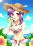  asahi_tooru bikini blush breasts dated drink earrings flower food fresh_precure! hat hibiscus higashi_setsuna highres ice_cream jewelry looking_at_viewer medium_breasts ocean precure purple_hair red_bikini red_eyes short_hair signature solo straw_hat sun swimsuit 