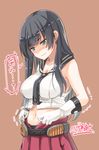  agano_(kantai_collection) belt black_hair black_panties breasts brown_background collarbone gloves green_eyes hige_shinshi kantai_collection large_breasts long_hair looking_down midriff navel necktie panties pleated_skirt red_skirt school_uniform serafuku shirt simple_background skirt solo sweatdrop taut_clothes taut_shirt thought_bubble translation_request trembling undersized_clothes underwear upper_body weight_conscious white_gloves zipping 