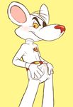  anthro clothed clothing cum cum_through_clothing danger_mouse erection fur ladysomnambule looking_at_viewer male mammal mouse red_eyes rodent smile solo white_fur yellow_sclera 