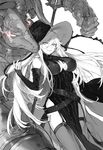  bangs bare_shoulders breasts center_opening detached_sleeves dress duoyuanjun garter_straps granblue_fantasy greyscale grin hair_between_eyes hat highres large_breasts long_hair long_sleeves magisa_(granblue_fantasy) monochrome morax_(granblue_fantasy) pelvic_curtain side_slit simple_background sleeves_past_wrists smile solo staff thighhighs very_long_hair white_background witch_hat 