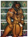  2014 5_fingers abs anthro armband biceps big_muscles black_hair blush bodypaint brown_eyes brown_fur brown_nose bulge claws clothed clothing fur hair half-dressed kihu loincloth long_hair looking_at_viewer male mammal markings muscular muscular_male mustelid native_american navel nipples otter pecs shy signature smile solo standing teeth thick_thighs topless tribal 