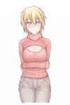  alternate_costume blonde_hair blush breast_hold breasts casual cowboy_shot denim jeans kuroba_rapid large_breasts looking_at_viewer meme_attire no_hat no_headwear open-chest_sweater pants ribbed_sweater short_hair sleeves_past_wrists solo sweater toramaru_shou touhou turtleneck yellow_eyes 