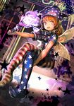  absurdres american_flag_dress american_flag_legwear blonde_hair clownpiece fairy_wings fire hat highres holding jester_cap long_hair looking_at_viewer open_mouth organ_derwald pantyhose polka_dot red_eyes shirt short_sleeves sitting smile solo star star_print striped striped_legwear torch touhou wings 
