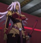  1girl breasts cleavage dark_skin dragonaut female garnet_mclane green_eyes hair_over_one_eye highres huge_breasts katana large_breasts lipstick long_hair makeup navel purple_hair purple_lipstick screencap solo stitched sword weapon 