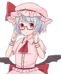  ascot bat_wings batta_(ijigen_debris) bespectacled blue_hair blush glasses hat hat_ribbon looking_at_viewer low_wings mob_cap puffy_sleeves red-framed_eyewear red_eyes remilia_scarlet ribbon sash shirt short_hair short_sleeves simple_background skirt skirt_set solo touhou upper_body white_background wings wrist_cuffs 