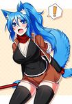  1girl animal_ears black_legwear blue_eyes blush breasts checkered checkered_background cleavage fang fox_ears fox_tail fur holding jacket konshin large_breasts leaning_forward long_hair open_mouth original ponytail red_scarf scarf smile solo spoken_exclamation_mark tail thighhighs zettai_ryouiki 