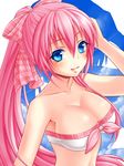  bandeau bikini_top blue_eyes bow breasts cleavage hair_bow kotobuki0101 large_breasts long_hair looking_at_viewer megurine_luka pink_hair ponytail project_diva_(series) smile solo swimsuit swimwear_(module) vocaloid 
