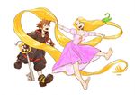  1girl absurdly_long_hair barefoot blonde_hair brown_hair disney dress hood hoodie jewelry keyblade kingdom_hearts kingdom_hearts_iii long_hair matsuri6373 necklace open_mouth pink_dress rapunzel_(disney) smile sora_(kingdom_hearts) spiked_hair tangled very_long_hair white_background 