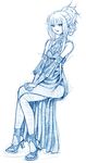  alternate_hairstyle aoki_hagane_no_arpeggio bbb_(friskuser) blue braid crossed_legs dress highres kongou_(aoki_hagane_no_arpeggio) md5_mismatch monochrome pantyhose ponytail simple_background sitting solo white_background 