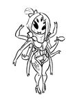  black_and_white black_eyes breasts cosplay fangs hair_bow high_heels metal_gear_rising:_revengeance mistral monochrome muffet multi_limb multiple_eyes noseless smile solo tea_cup undertale unknown_artist 