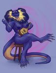  2015 abstract_background anthro beckoning big_breasts breasts claws digitigrade female frilled_lizard guitar lizard looking_at_viewer lute mahiri muscular muscular_female musical_instrument nude reptile scales scalie sitting smile solo stool wide_hips yellow_eyes 
