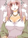  bare_shoulders blush breasts cleavage headphones large_breasts long_hair looking_at_viewer nitroplus off_shoulder open_mouth pink_eyes pink_hair shirt smile solo super_sonico warai 
