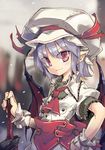  ascot bat_wings dress hand_on_hip hat hat_ribbon lavender_hair noya_makoto pink_eyes pointy_ears puffy_short_sleeves puffy_sleeves remilia_scarlet revision ribbon sash short_sleeves solo sword touhou weapon white_dress wings wrist_cuffs 
