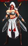  1girl abs assassin&#039;s_creed assassin's_creed assassin's_creed_(series) breasts bursting_breasts cleavage full_body huge_breasts long_hair looking_at_viewer mkonstantinov red_hair smile solo standing yellow_eyes 