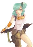  23_(kms23) absurdres aqua_eyes aqua_hair armband asymmetrical_clothes bad_id bad_pixiv_id bandaid bandaid_on_face bandaid_on_knee belt bow bulma cowboy_shot dragon_ball dragon_ball_(classic) fingerless_gloves gloves goggles goggles_around_neck gun hair_bow highres pouch revision shirt single_pantsleg solo t-shirt weapon 