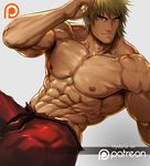  abs bad_id bad_pixiv_id bara blonde_hair blue_eyes dougi eyebrows hydaria ken_masters male_focus muscle nose patreon_logo patreon_username pectorals shirtless sitting solo street_fighter thick_eyebrows veins watermark 