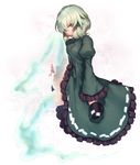  dress frills full_body ghost_tail green_dress green_eyes green_hair hat hat_removed headwear_removed kaiza_(rider000) leg_up long_sleeves looking_at_viewer puffy_sleeves short_hair soga_no_tojiko solo touhou wide_sleeves 