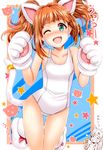  animal_ears aqua_eyes bad_id bad_pixiv_id blush brown_hair camcorder cat_ears cat_tail collarbone commentary_request fang gloves idolmaster idolmaster_(classic) inu_(marukome) kemonomimi_mode looking_at_viewer one-piece_swimsuit one_eye_closed open_mouth paw_gloves paws revision school_swimsuit smile solo star swimsuit tail takatsuki_yayoi twintails white_school_swimsuit white_swimsuit 