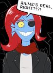  clothing dialogue english_text eye_patch eyewear female fish hair jacket looking_at_viewer marine monster noseless red_hair smile solo speech_bubble sweat text toughsetselect undertale undyne yellow_eyes 