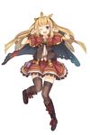  ;d absurdres blonde_hair blush cagliostro_(granblue_fantasy) double_v granblue_fantasy highres long_hair looking_at_viewer one_eye_closed open_mouth purple_eyes ruma_imaginary skirt smile solo thighhighs v 
