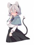  adapted_costume akagashi_hagane alternate_costume animal animal_ears blush capelet full-face_blush gem grey_hair long_sleeves looking_at_viewer mouse mouse_ears mouse_tail nazrin one_eye_closed red_eyes ribbon shirt short_hair simple_background skirt solo tail touhou white_background 