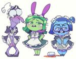  2girls alternate_costume animal_ears apron ball blue blue_eyes blue_hair blush buck_teeth bunny_ears crossdressing disgust_(inside_out) enmaided fear_(inside_out) green_eyes green_hair inside_out maid maid_apron maid_headdress multiple_girls pixar purple_eyes purple_skin sadness_(inside_out) sanjiro_(tenshin_anman) short_hair spill 