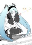  aqua_hair boots closed_eyes detached_sleeves hatsune_miku kazami_fukashido long_hair musical_note open_mouth smile solo thigh_boots thighhighs twintails very_long_hair vocaloid zettai_ryouiki 