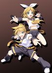  1girl aqua_eyes blonde_hair brother_and_sister headset jumping kagamine_len kagamine_rin kazami_fukashido microphone midriff navel one_eye_closed open_mouth shorts siblings twins vocaloid 
