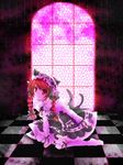  animal_ears bad_id bad_pixiv_id braid cat_ears cat_tail checkered checkered_floor chireiden gothic_lolita graphite_(medium) hair_ribbon highres kaenbyou_rin kneeling lolita_fashion misato_miyu mixed_media multiple_tails red_eyes red_hair ribbon short_hair smile solo stained_glass tail thighhighs touhou traditional_media twin_braids twintails vanishing_point window 