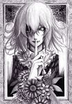  finger_to_mouth flower frame graphite_(medium) greyscale hane_(azelye) highres horror_(theme) kazami_yuuka lips monochrome one-eyed plaid plaid_vest short_hair shushing solo touhou traditional_media upper_body vest 