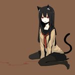  animal_ears bad_id bad_pixiv_id black_hair copyright_request kneeling long_hair nero_(pixiv1397527) no_nose pantyhose pink_eyes red_string school_uniform simple_background sitting skirt solo string tail wariza 