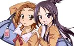  :d bag black_hair brown_hair eyelashes futari_wa_precure_splash_star hair_ornament hairclip half_updo hyuuga_saki mishou_mai multiple_girls nakahira_guy open_mouth precure school_uniform short_hair smile very_short_hair yuunagi_middle_school_uniform 