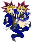  1girl artist_request belt chain collar domino_high_school_uniform genderswap genderswap_(mtf) happy jewelry jumping millennium_puzzle mutou_yuugi pendant school_uniform socks thumbs_up yami_yuugi yuu-gi-ou yuu-gi-ou_duel_monsters 