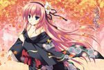  blue_eyes breasts cleavage flower hair_flower hair_ornament hair_ribbon japanese_clothes kimono large_breasts leaf long_hair maple_leaf megurine_luka minakami_nagara pink_hair ribbon solo very_long_hair vocaloid 