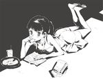  ass barefoot blush book copyright_request dress eating feet greyscale legs lying monochrome mura_(kanojo_no_oukoku) short_twintails solo twintails 