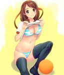  bad_id bad_pixiv_id ball bikini blue_eyes breasts brown_hair cleavage copyright_request headband large_breasts legs long_hair looking_at_viewer masao navel shirt_lift sitting skindentation smile solo striped striped_bikini swimsuit thighhighs 