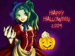  choker dress earrings fangs female final_fantasy final_fantasy_vi gradient gradient_background green_eyes green_hair halloween jewelry long_hair nail_polish ponytail pumpkin solo tina_branford yu-koro 