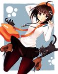  ahoge bad_id bad_pixiv_id bag blush boots bow brown_eyes brown_hair cat colorized cross-laced_footwear eyebrows_visible_through_hair hair_bow hat highres jewelry key_necklace lace-up_boots lilks necklace original pan_(mimi) panties panties_under_pantyhose pantyhose pantyshot paw_print pleated_skirt satchel short_hair skirt skirt_lift sleeves_past_wrists solo sweater underwear white_panties wind wind_lift 