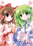  bad_id bad_pixiv_id brown_eyes brown_hair detached_sleeves green_hair hakurei_reimu kochiya_sanae multiple_girls touhou white-brown yellow_eyes 