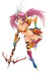  armor bad_id bad_pixiv_id bent_over bow_(weapon) breasts cleavage crossbow hand_on_hip highres large_breasts long_hair original penguin_caee pink_eyes pink_hair simple_background smile solo twintails weapon 