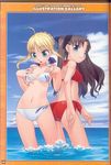  artoria_pendragon_(all) back-to-back bikini cloud day fate/stay_night fate/tiger_colosseum fate_(series) highres hirai_yukio multiple_girls outdoors saber scan sky swimsuit toosaka_rin wardrobe_malfunction water 