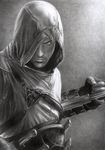  altair_ibn_la-ahad assassin's_creed assassin's_creed_(series) belt d17rulez emblem gloves hidden_blade hood knife male_focus realistic robe solo strap throwing_knife vambraces weapon 