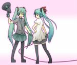  detached_sleeves dual_persona green_eyes green_hair hatsune_miku koi_wa_sensou_(vocaloid) lama_(kusuriya) long_hair looking_back megaphone multiple_girls pantyhose skirt thighhighs twintails vocaloid world_is_mine_(vocaloid) 