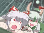  bow caved ex-keine fujiwara_no_mokou green_hair hair_bow hair_ribbon highres horns kamishirasawa_keine long_hair multiple_girls naughty_face red_eyes ribbon shirosato silver_hair sweatdrop touhou you_gonna_get_raped yuri 