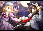  blonde_hair blue_eyes brown_hair ghostly_field_club hand_on_headwear hat holding_hands letterboxed maribel_hearn multiple_girls purple_eyes qontamblue touhou usami_renko 