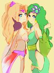  2girls bare_shoulders belt blonde_hair blue_eyes breast_press breasts detached_sleeves female final_fantasy final_fantasy_iv green_hair hair_ornament highres leotard long_hair multiple_girls oh_nasuta ponytail rosa_farrell rydia shoulder_pads symmetrical_docking tiara 